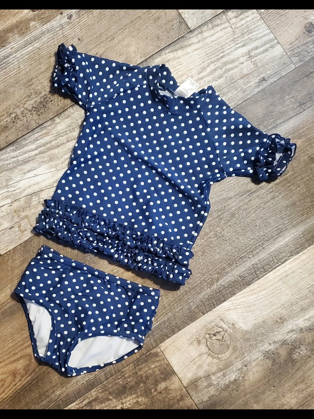 Ruffle Butts Navy Blue & White Polka Dot Rash Guard Set 3T